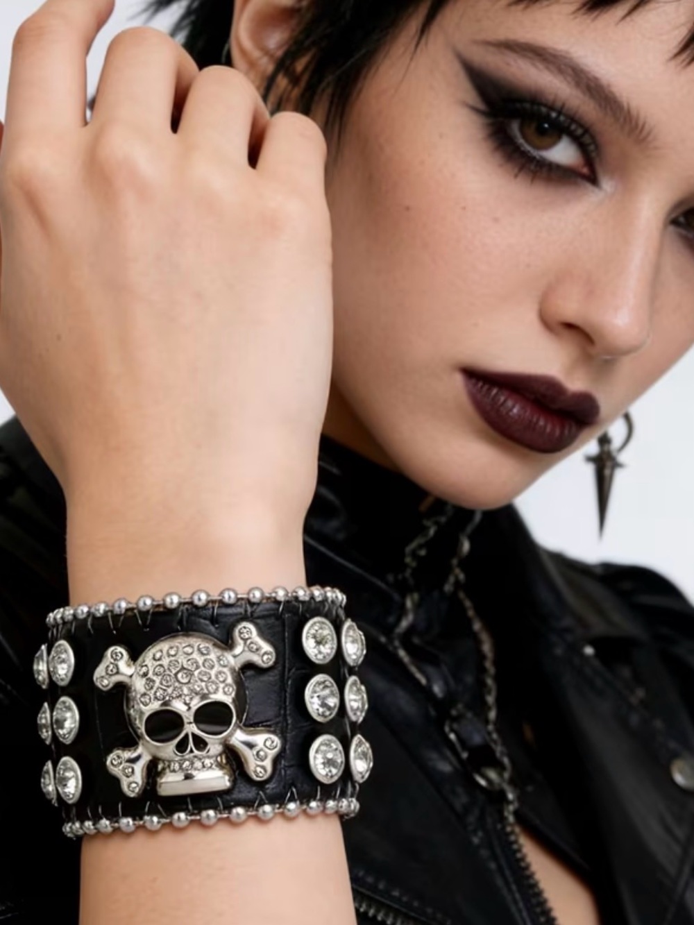 {NEW} Dark Gothic Skull Rhinestone Bracelet PU Leather